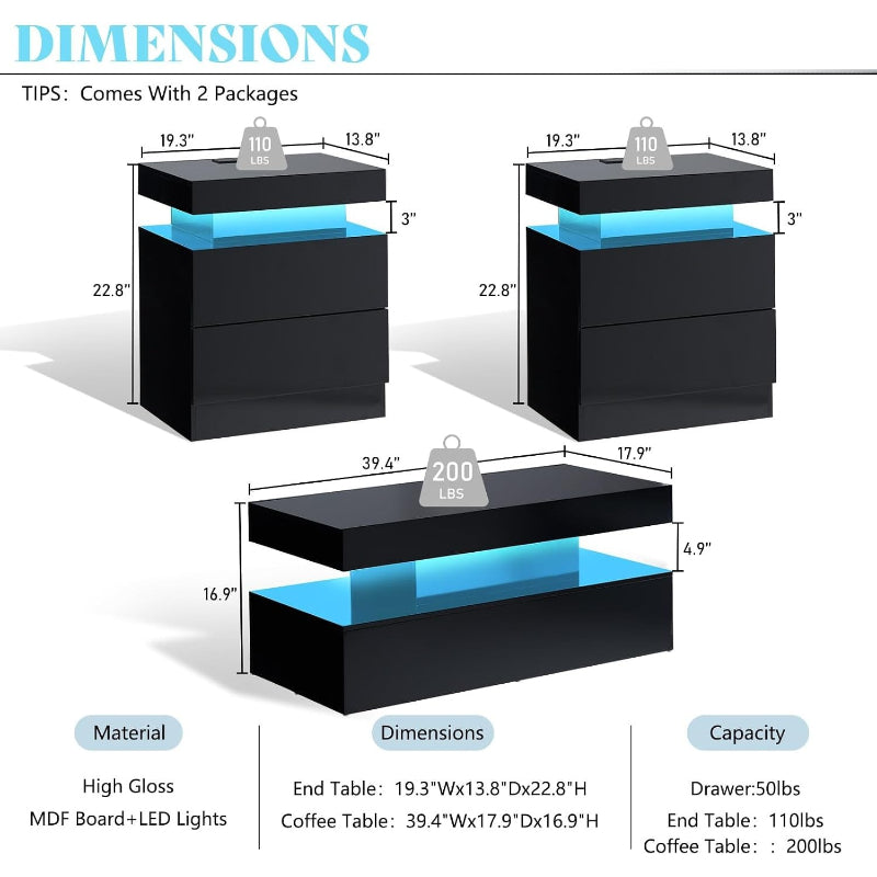 LED 3‑Piece Coffee Table Set